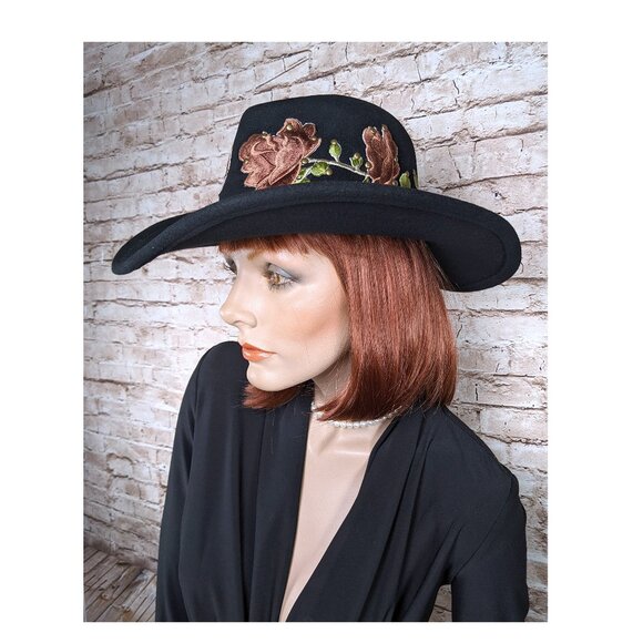 SCALA 100% Wool Felt Western Wear Cowgirl Hat Black Pink Rose Applique\' One Size main image 9